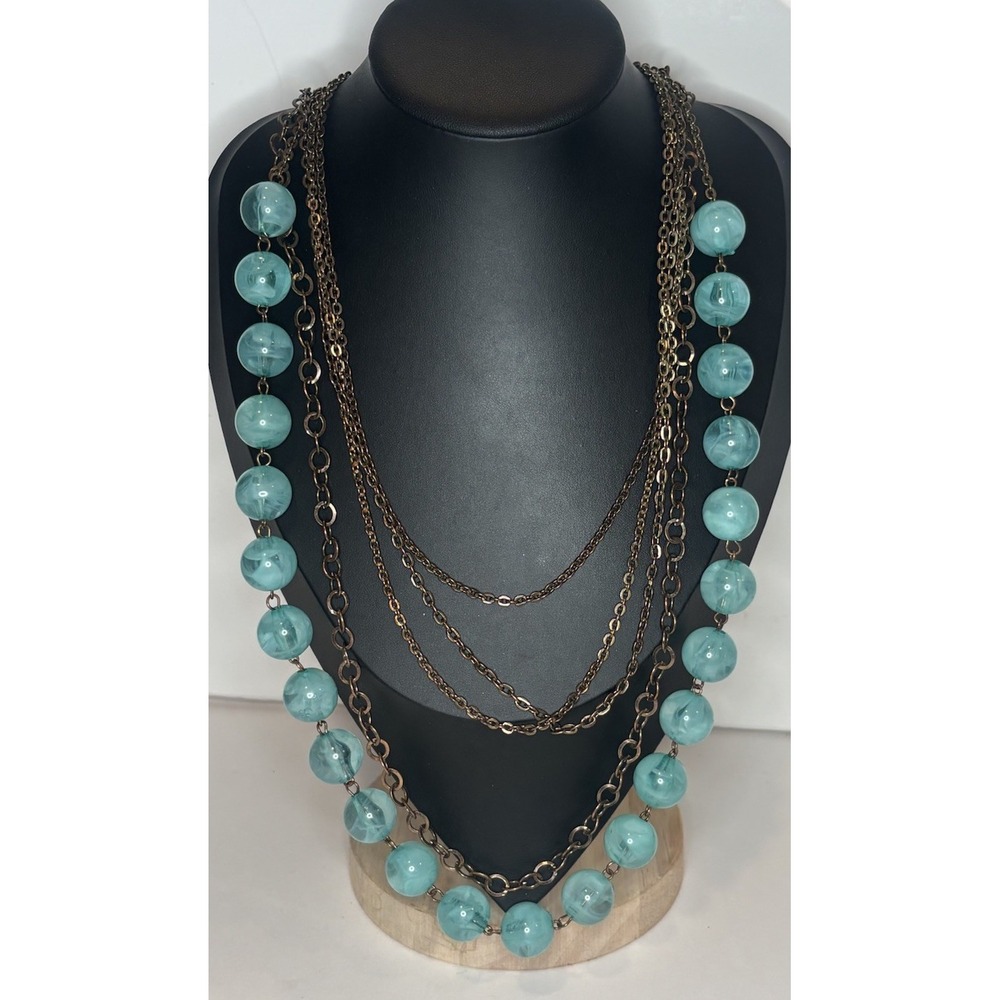 Vintage Aqua Marbled Acrylic Bead 5 Strand Layered Chain Boho Necklace 27"
